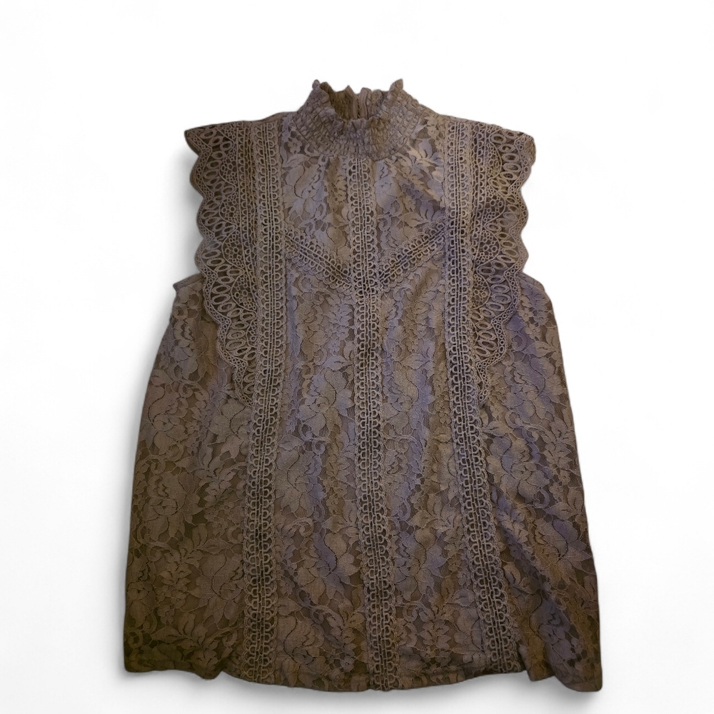 Cable & Gauge Taupe Lace Mock‎ Neck Top M Romantic Goth Dark Academia